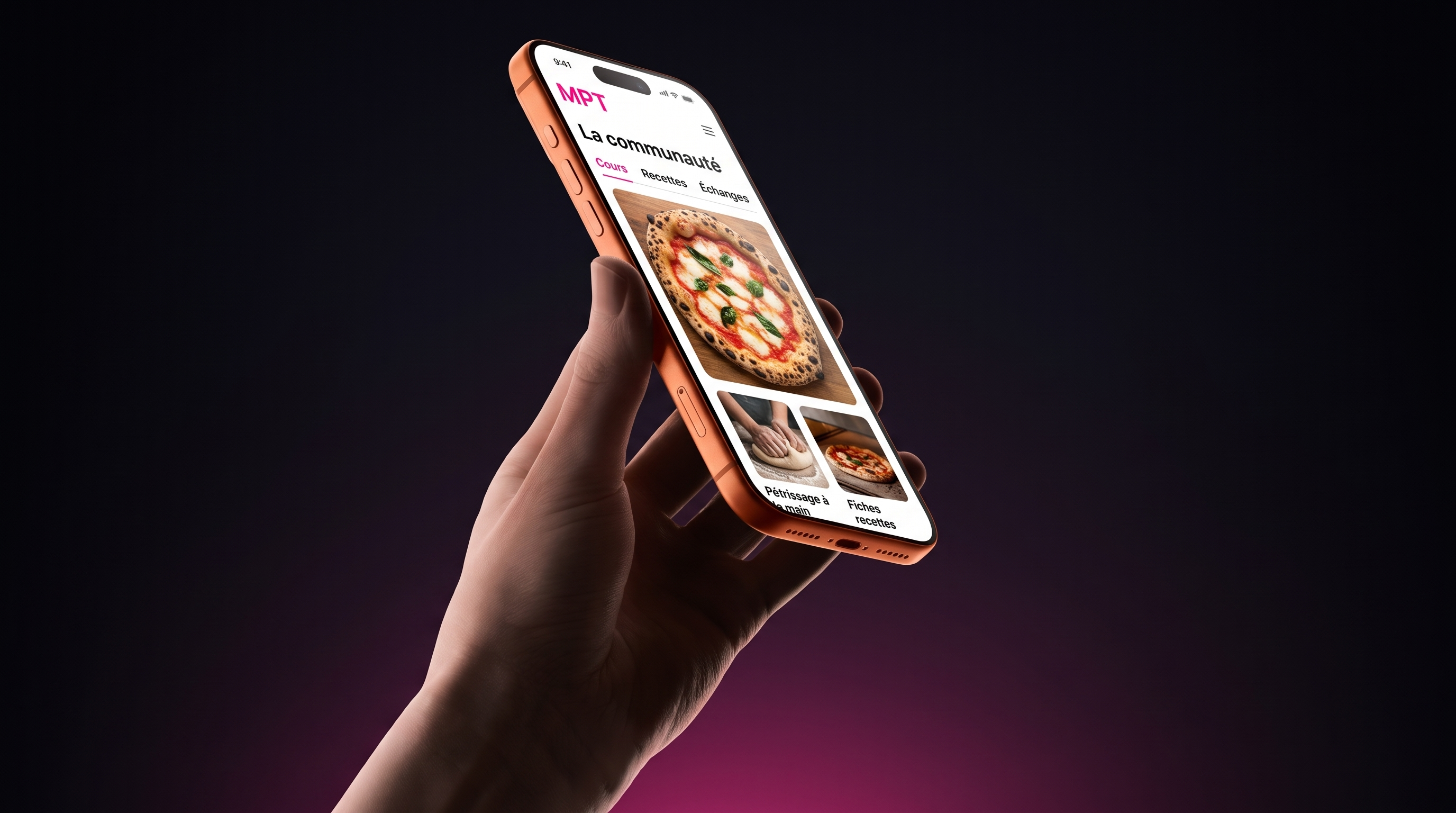 Illustration de la communauté MPT sur un téléphone orange tenu en main