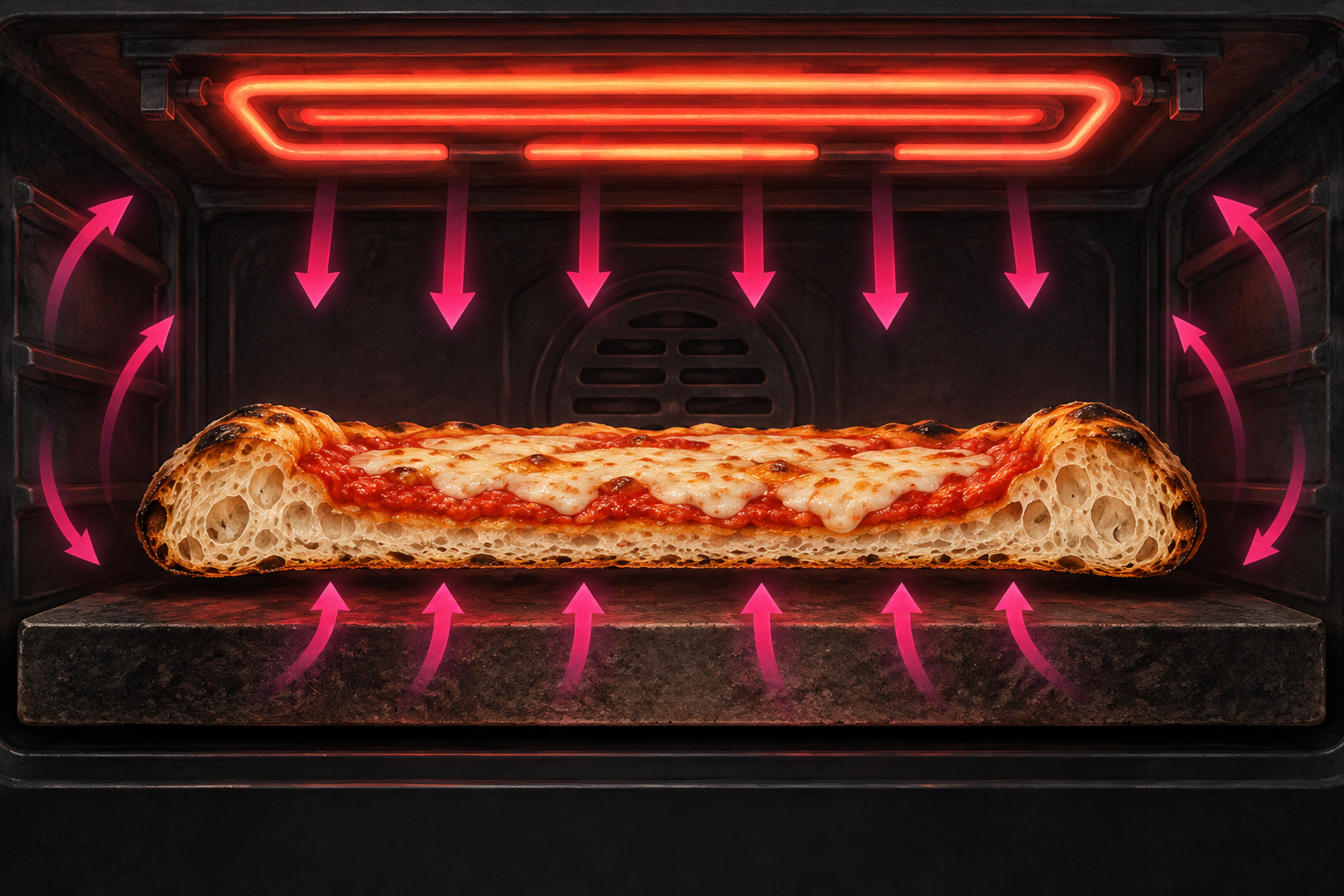 Coupe conceptuelle d’une pizza sur un support chaud, avec des flèches au-dessus, sur les côtés et sous la base.