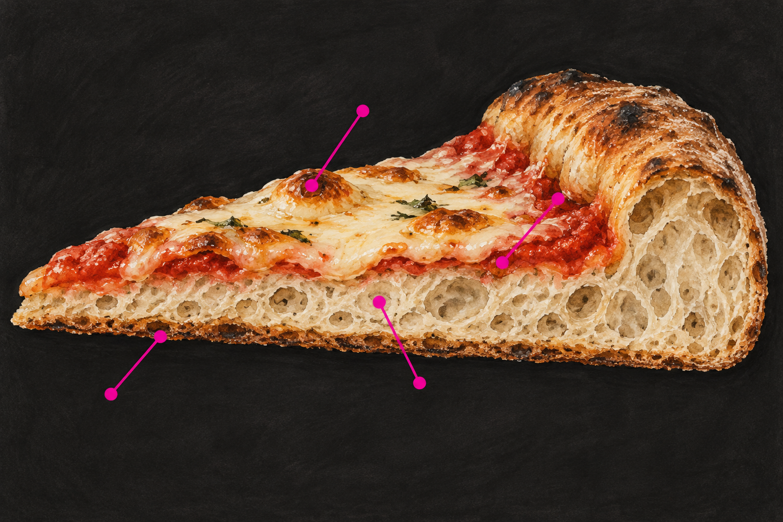 Coupe conceptuelle d’une part de pizza avec des repères vers la mie, le dessous, la zone sous la sauce et la garniture.