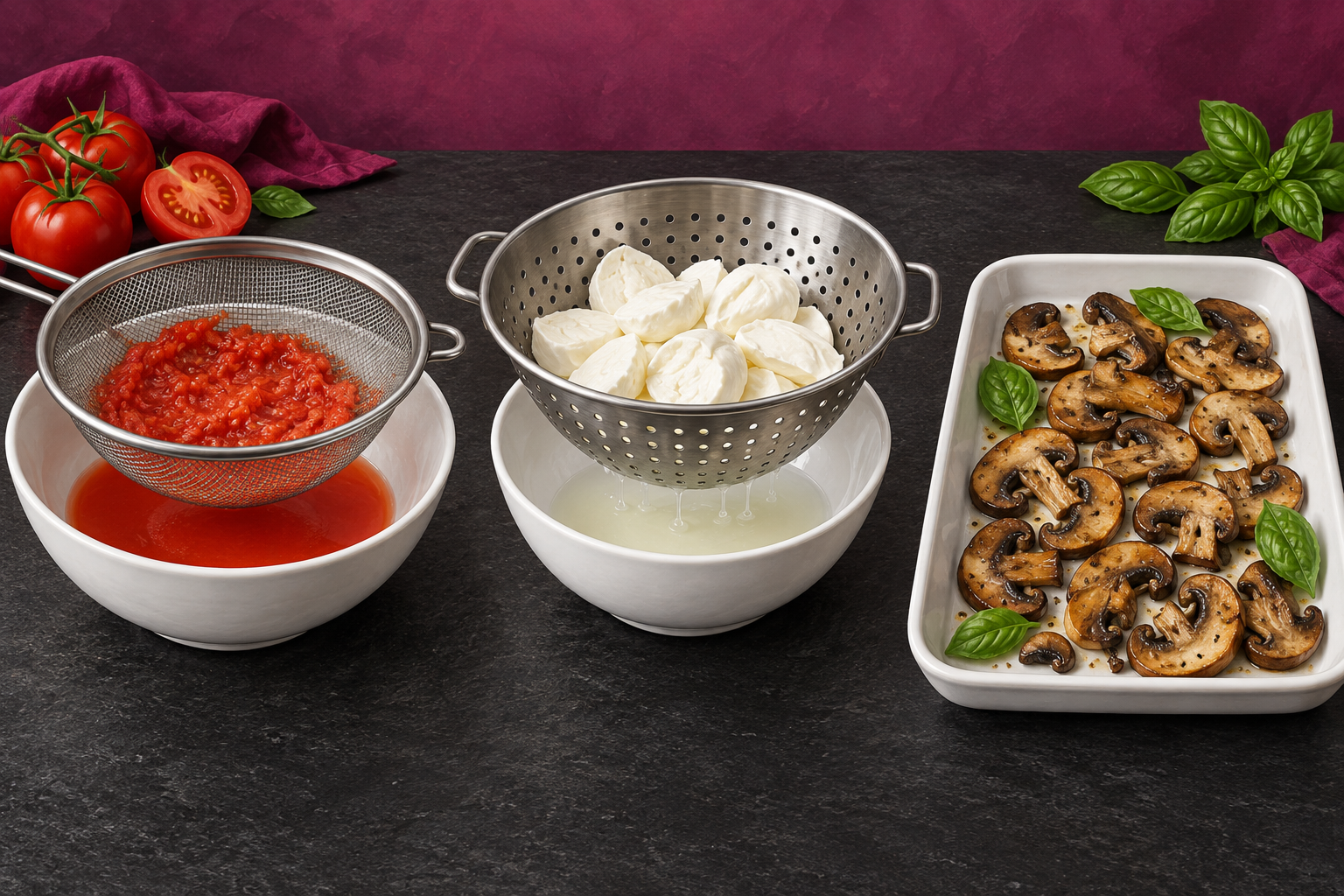 Illustration de pulpe de tomate égouttée, de mozzarella en passoire et de champignons préparés, montrant plusieurs manières de gérer l’eau des ingrédients.
