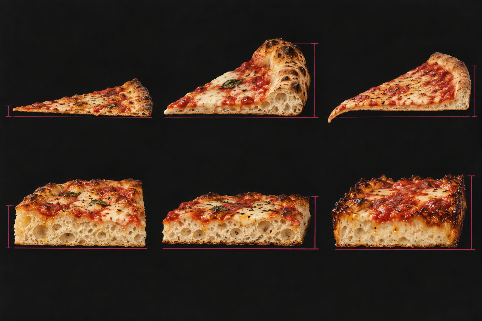Six profils conceptuels de pizzas présentant des bases fines, un bord développé et des structures en plaque.