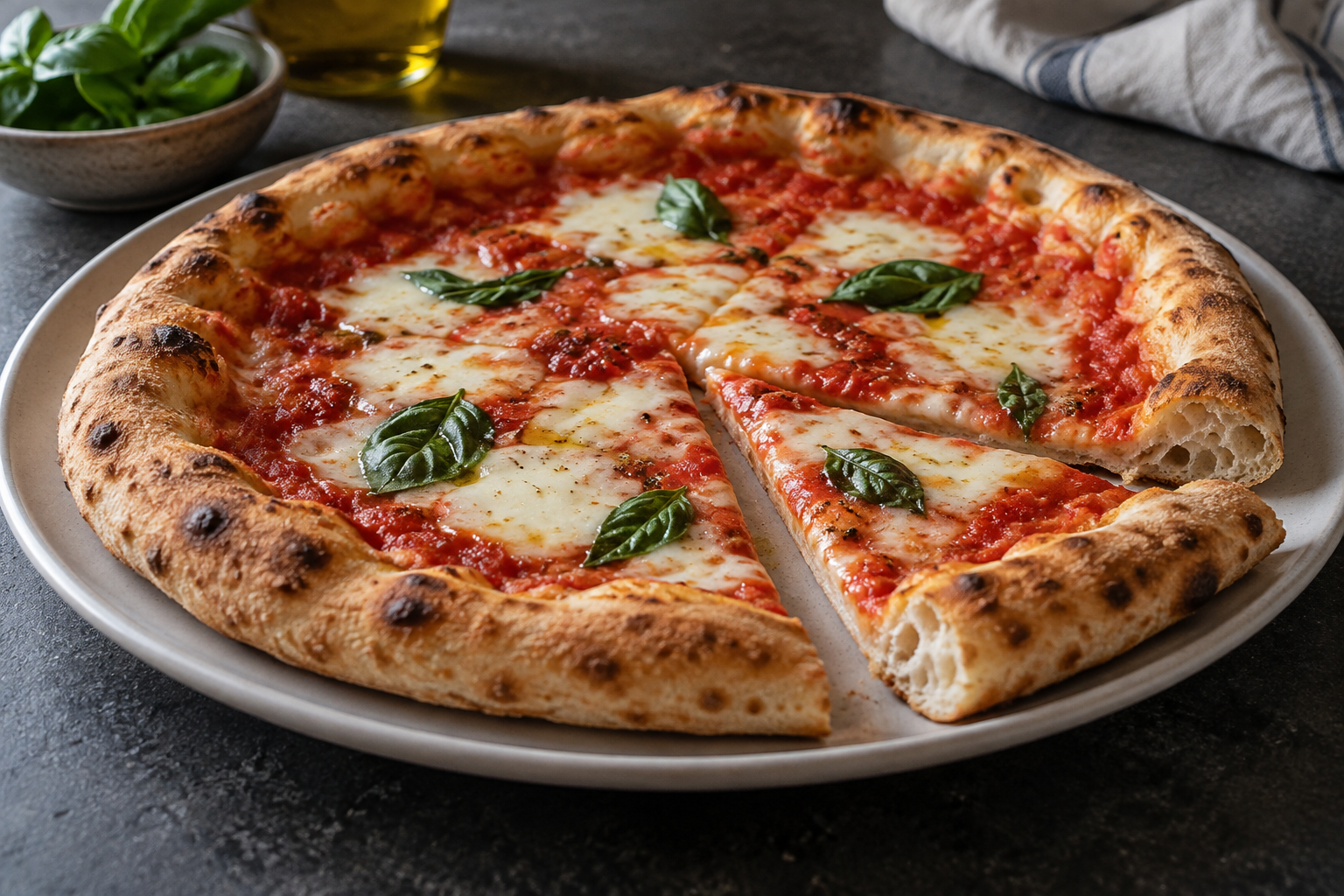 Illustration réaliste d’une Margherita coupée montrant le bord et le centre.