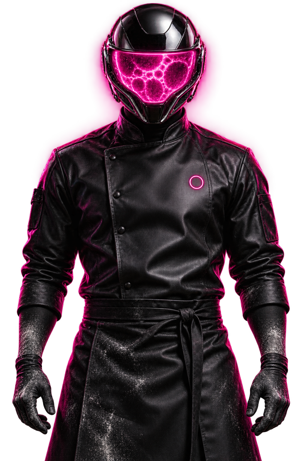 Pizzaiolo futuriste anonyme portant un casque noir à visière magenta inspirée des alvéoles d’une pâte.