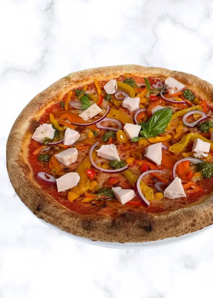 Pizza aux poivrons confits et filet de poulet Pizza Aux Poivrons Confits Et Filet De Poulet 731x1024