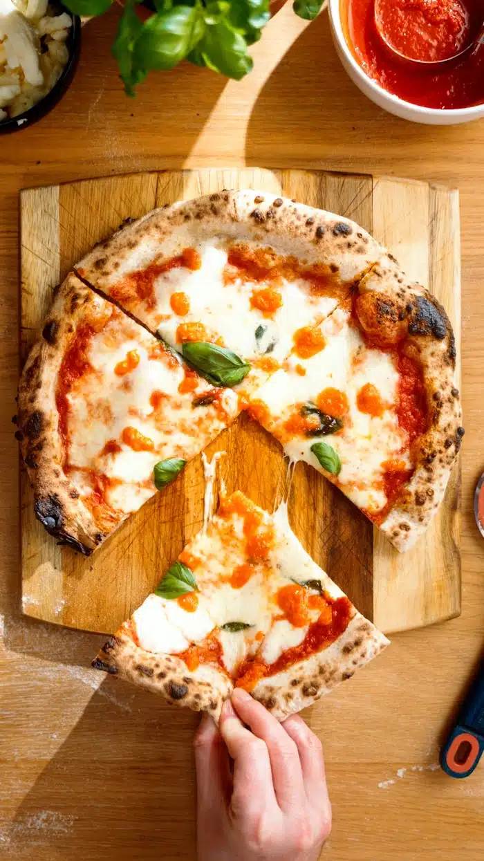 Top view of a fresh margherita pizza with basil, sliced and served on a wooden board.