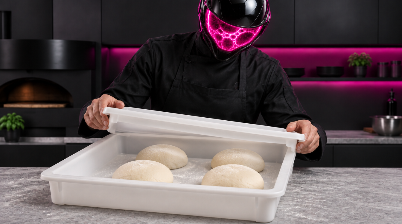 Quatre pâtons espacés dans un bac avec son couvercle.