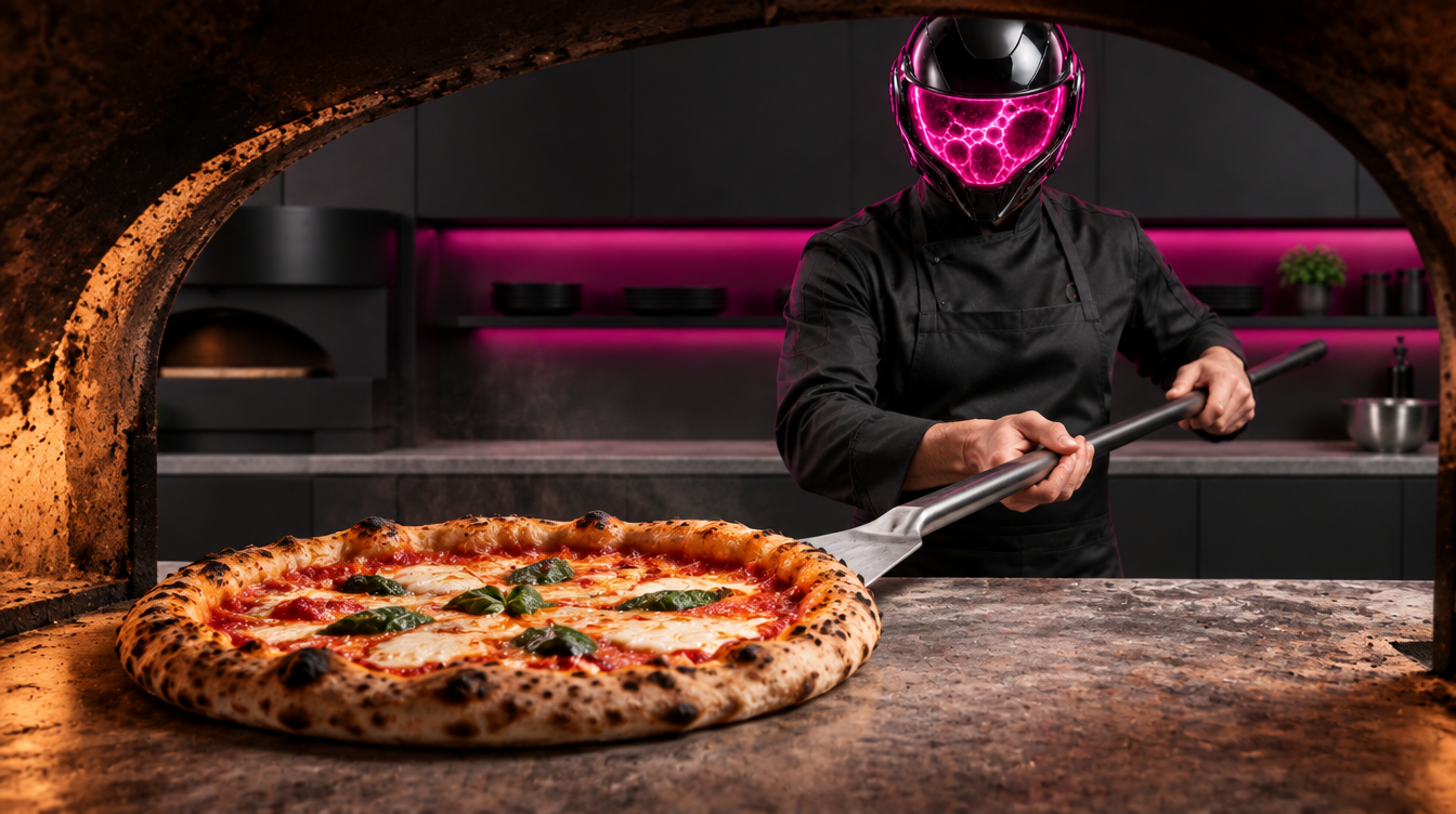 Pizza sur la sole et pelle de manipulation à proximité.