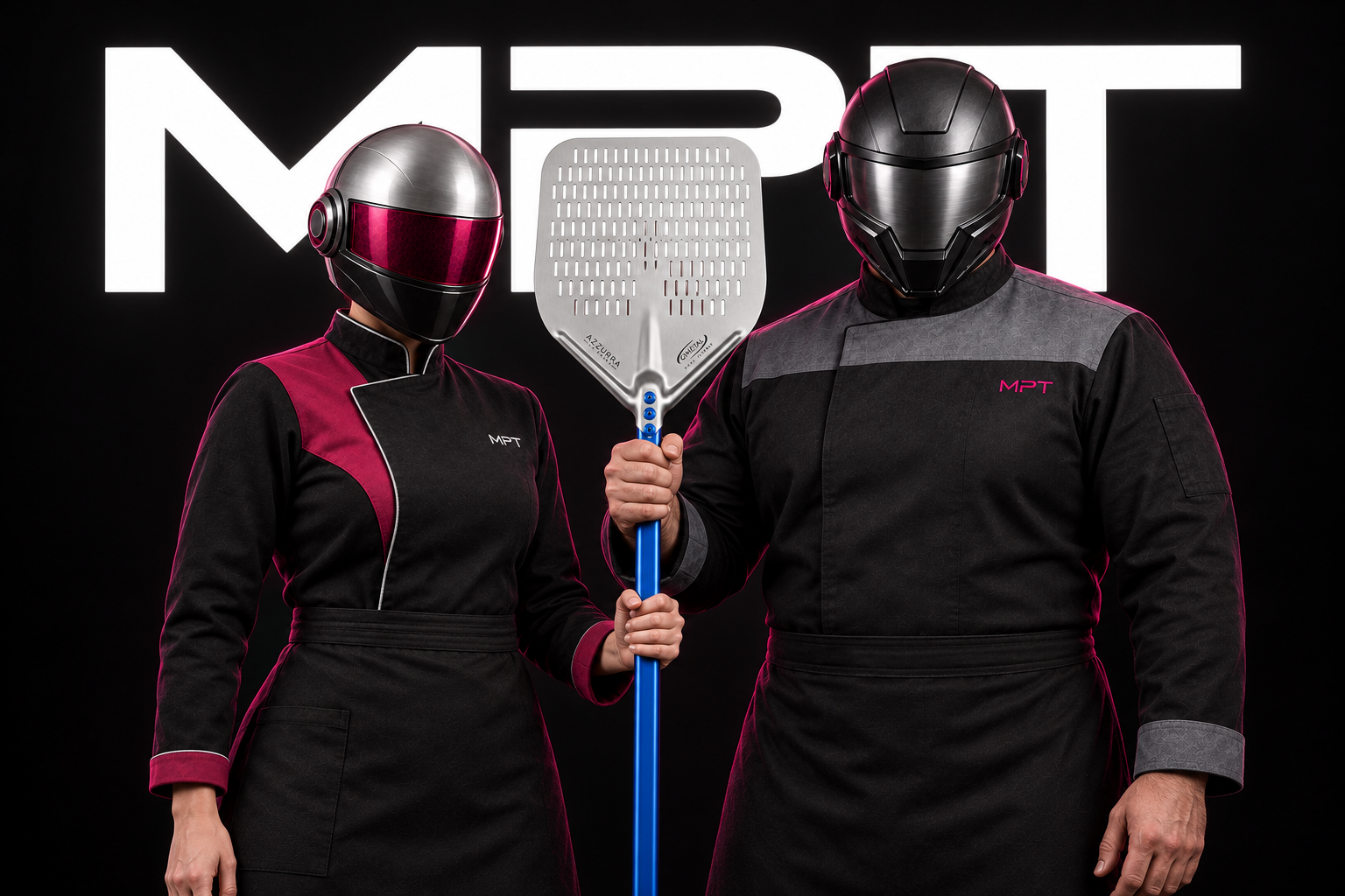 Le duo MPT : casque argent et visière magenta, casque graphite et visière acier.