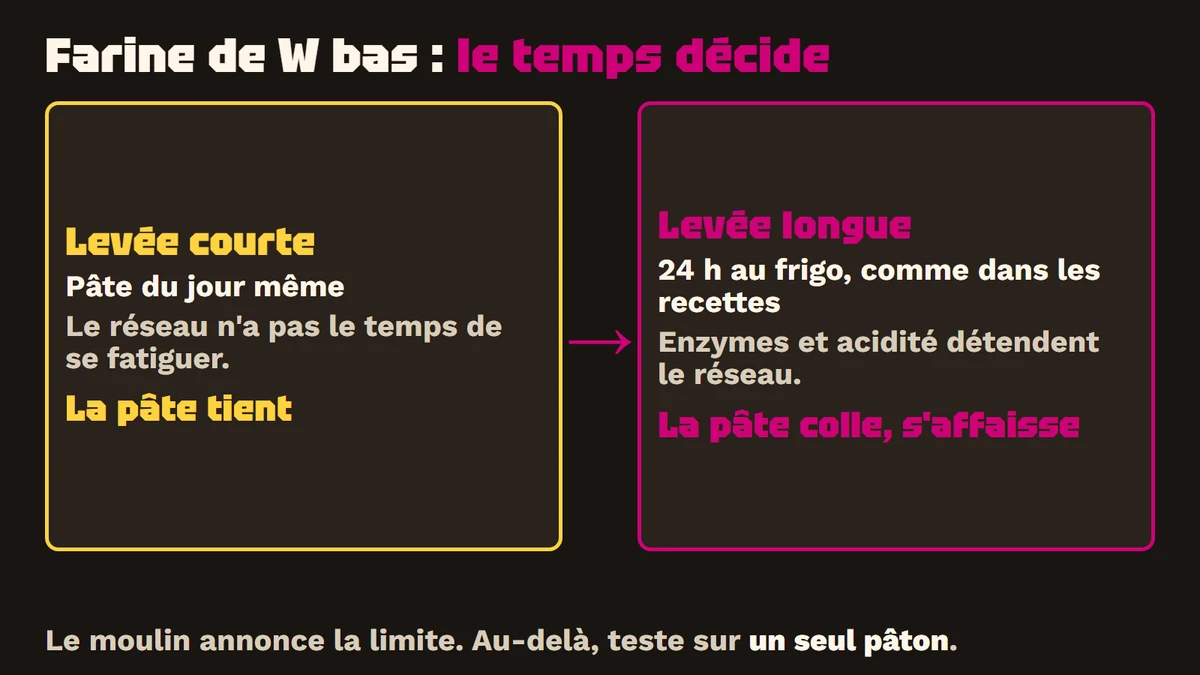 Farines faibles (W moins de 250) 1 Deux cadres reliés par une flèche : levée courte, pâte du jour même, la pâte tient ; levée longue, 24 h au frigo, la pâte colle et s'affaisse, pour une farine de W moins de 250.